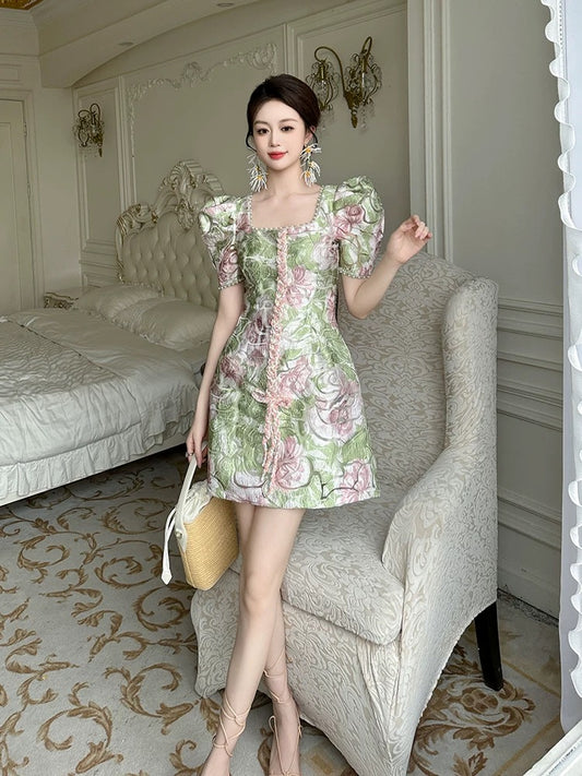 Puff sleeve dress women's new summer style 2024 small fragrance green square neck waist slimming temperament a-line short skirt