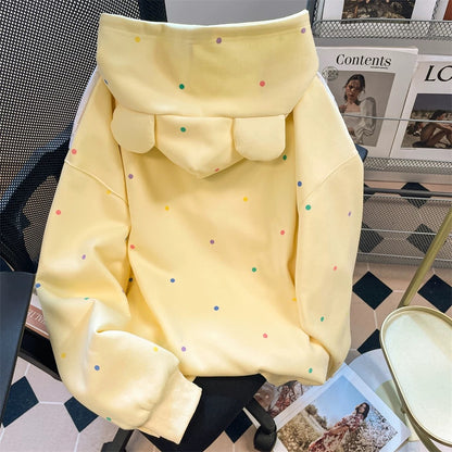Autumn cream yellow polka dot shawl hooded sweatshirt jacket for women Japanese style sweet and cute age-reducing three-dimensional bear top