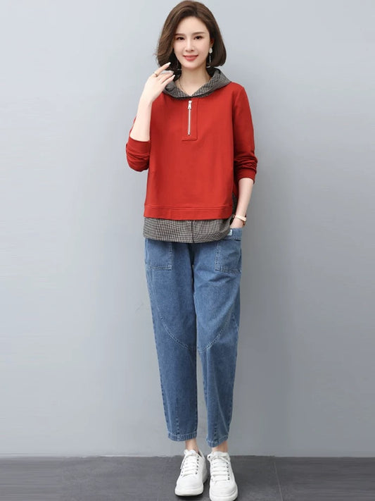 Fashion suit for women spring and autumn 2024 new fake two-piece sweatshirt casual jeans with middle-aged mother two-piece suit