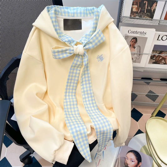 Korean style high-end tie bow plaid sweatshirt for women in early spring and autumn unique beautiful and stylish hooded jacket top