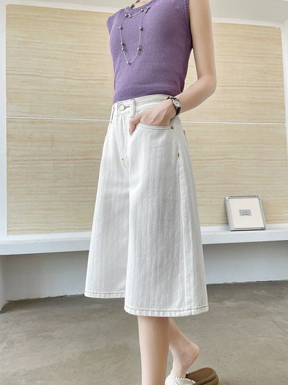 Pure cotton five-point denim shorts for women in summer thin loose straight white striped casual wide-leg five-point mid-length pants