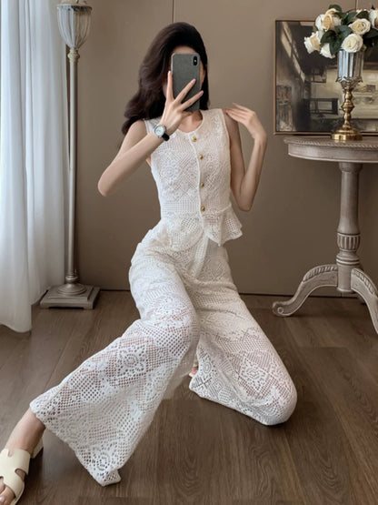 Summer clothes are paired with a complete set of fashionable age-reducing temperament for ladies, high-end lace sleeveless wide-leg pants two-piece suit for women