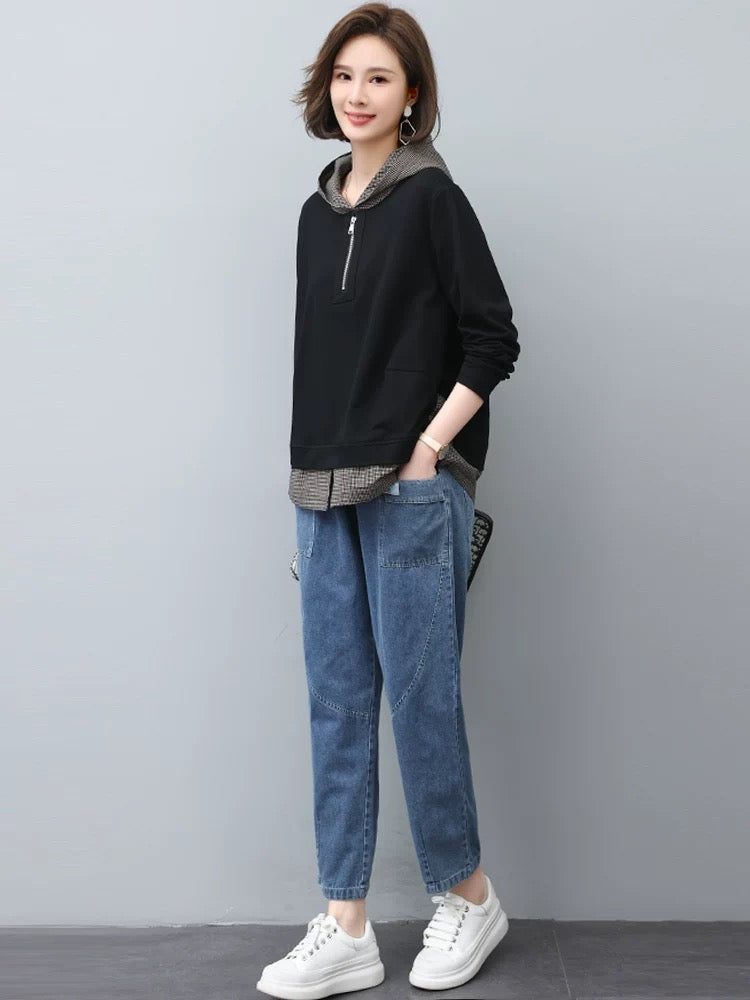 Fashion suit for women spring and autumn 2024 new fake two-piece sweatshirt casual jeans with middle-aged mother two-piece suit