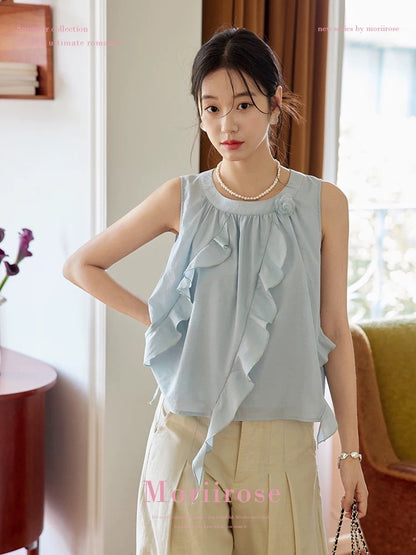 Moriirose blue wood ear edge ribbon flower sleeveless shirt women's summer retro loose design temperament top
