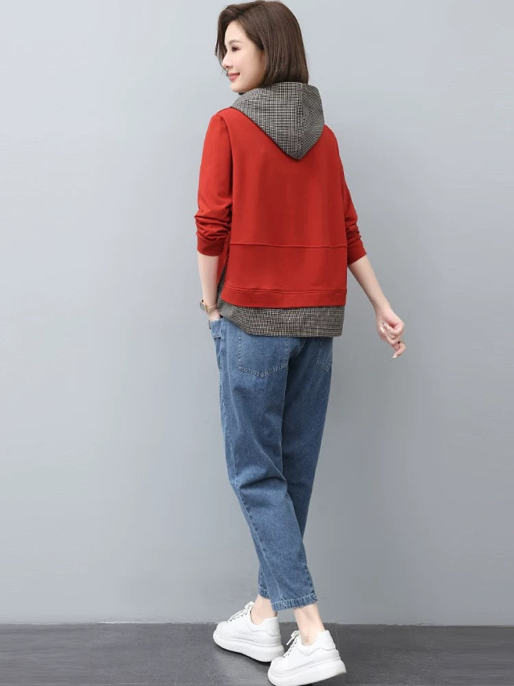 Fashion suit for women spring and autumn 2024 new fake two-piece sweatshirt casual jeans with middle-aged mother two-piece suit