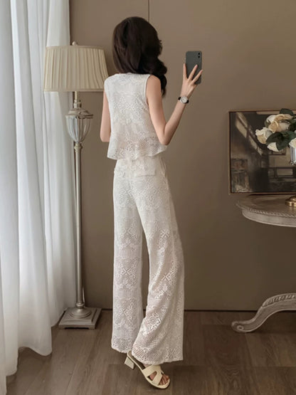 Summer clothes are paired with a complete set of fashionable age-reducing temperament for ladies, high-end lace sleeveless wide-leg pants two-piece suit for women