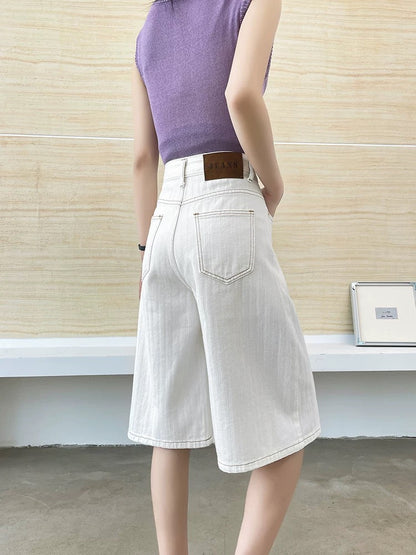 Pure cotton five-point denim shorts for women in summer thin loose straight white striped casual wide-leg five-point mid-length pants