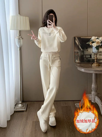Apricot sports casual suit for women autumn and winter 2024 new fashion internet celebrity hot street plus velvet sweatshirt and pants two-piece set