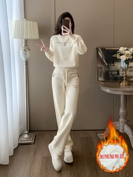Apricot sports casual suit for women autumn and winter 2024 new fashion internet celebrity hot street plus velvet sweatshirt and pants two-piece set