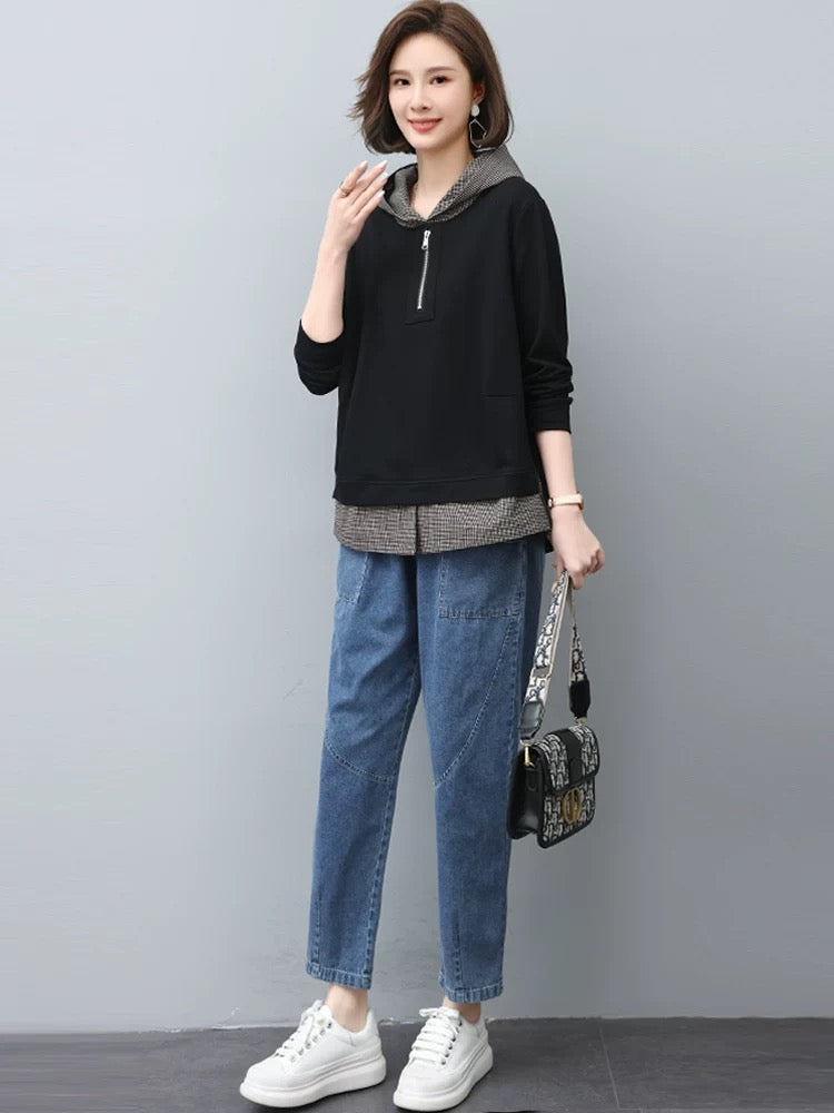 Fashion suit for women spring and autumn 2024 new fake two-piece sweatshirt casual jeans with middle-aged mother two-piece suit