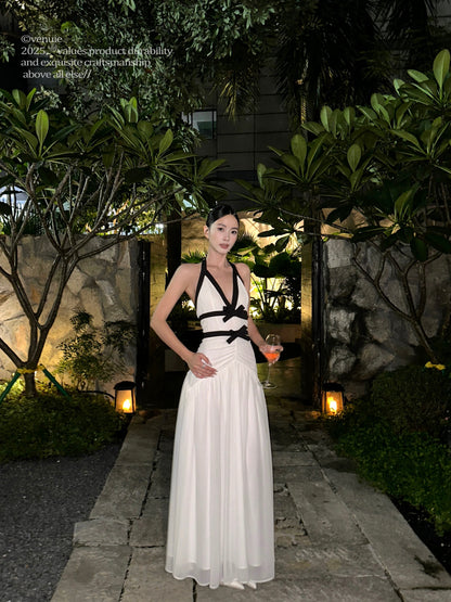 VENUIE French-style beach vacation maxi dress, backless, birthday evening gown, V-neck halter neck slip dress