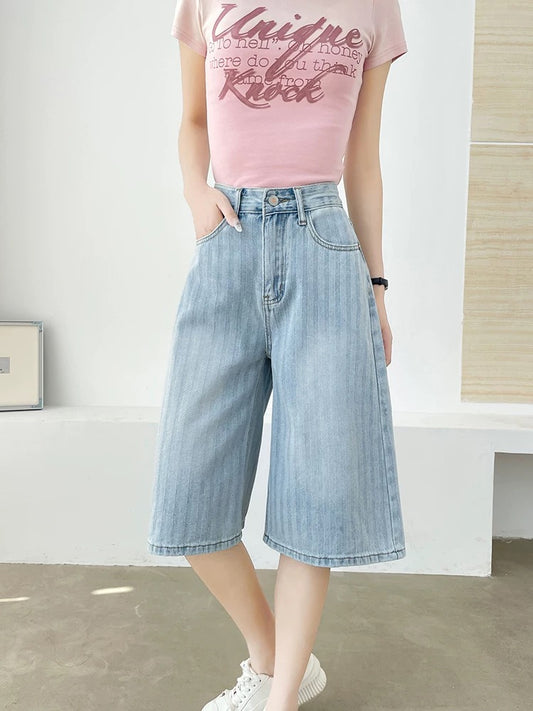 Pure cotton five-point denim shorts for women in summer thin loose straight white striped casual wide-leg five-point mid-length pants