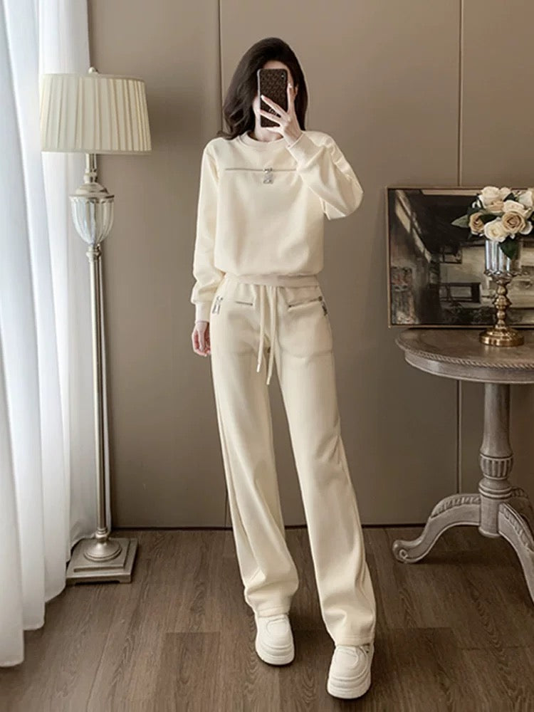 Apricot sports casual suit for women autumn and winter 2024 new fashion internet celebrity hot street plus velvet sweatshirt and pants two-piece set
