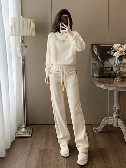Apricot sports casual suit for women autumn and winter 2024 new fashion internet celebrity hot street plus velvet sweatshirt and pants two-piece set