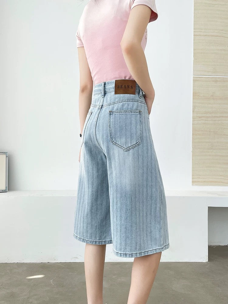Pure cotton five-point denim shorts for women in summer thin loose straight white striped casual wide-leg five-point mid-length pants
