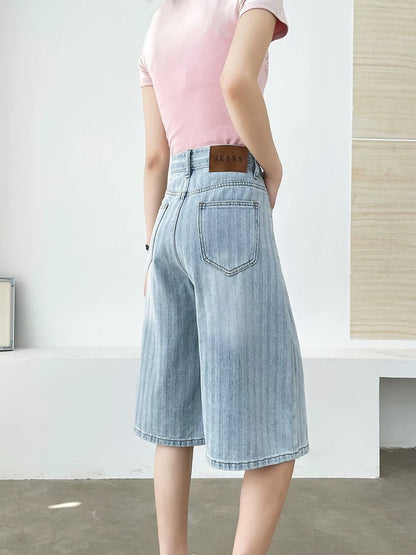 Pure cotton five-point denim shorts for women in summer thin loose straight white striped casual wide-leg five-point mid-length pants