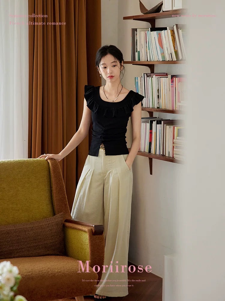 Moriirose black/green ruffled square collar slit shirt female summer French retro short-sleeved temperament top