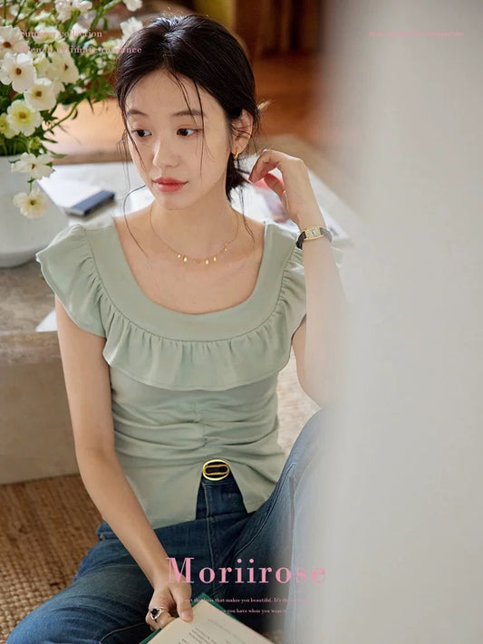 Moriirose black/green ruffled square collar slit shirt female summer French retro short-sleeved temperament top