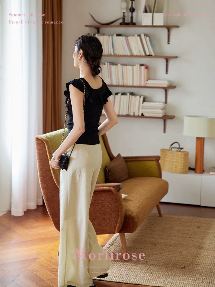 Moriirose black/green ruffled square collar slit shirt female summer French retro short-sleeved temperament top