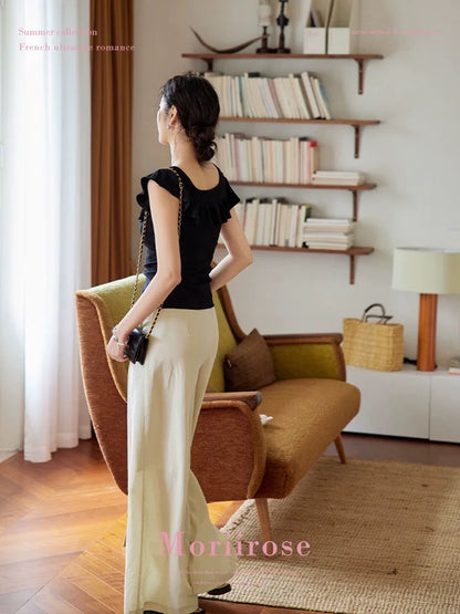 Moriirose black/green ruffled square collar slit shirt female summer French retro short-sleeved temperament top