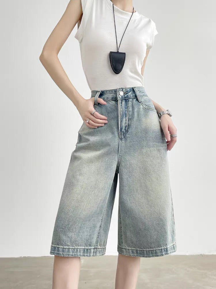 Retro denim shorts for women in summer, thin high waist, loose and slim, small Hong Kong style straight wide leg mid-length pants