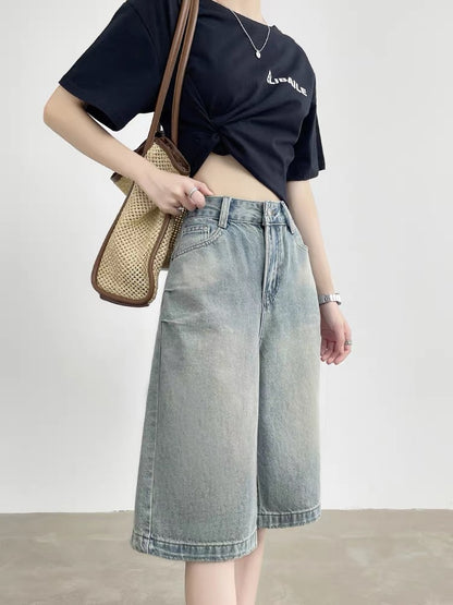 Retro denim shorts for women in summer, thin high waist, loose and slim, small Hong Kong style straight wide leg mid-length pants