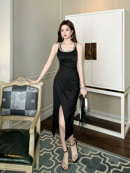 Satin suspender skirt 2024 new high-end French lady temperament sexy slim slit black dress summer