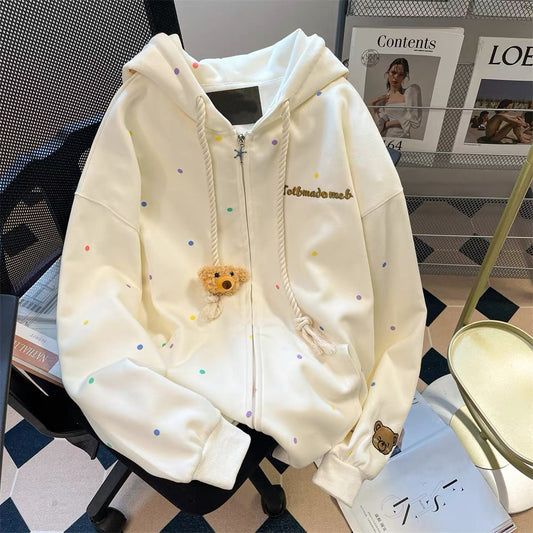 Cute milk apricot polka dot bear sweater jacket for women in spring and autumn, loose and stylish, unique and chic hooded cardigan top