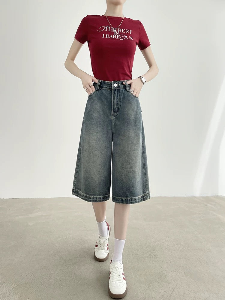 Retro denim shorts for women in summer, thin high waist, loose and slim, small Hong Kong style straight wide leg mid-length pants