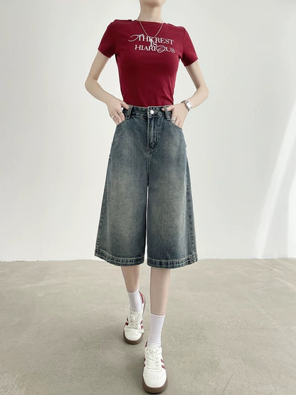Retro denim shorts for women in summer, thin high waist, loose and slim, small Hong Kong style straight wide leg mid-length pants