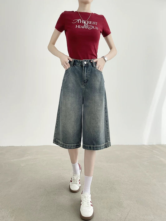 Retro denim shorts for women in summer, thin high waist, loose and slim, small Hong Kong style straight wide leg mid-length pants