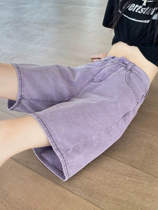 Purple five-point denim shorts for women 2025 summer new high waist loose cover hip thin thin short pants