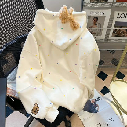 Cute milk apricot polka dot bear sweater jacket for women in spring and autumn, loose and stylish, unique and chic hooded cardigan top