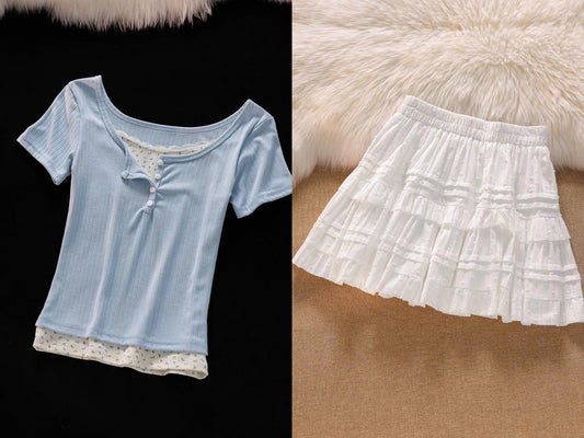 [Free trial] Korean style straight shoulder slim fit fake two-piece short-sleeved T-shirt for women with high-end white pleated skirt suit