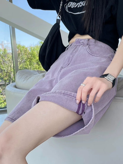 Purple five-point denim shorts for women 2025 summer new high waist loose cover hip thin thin short pants