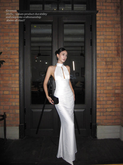 VENUIE French-style sexy halter neck satin birthday party evening gown, long slim-fit mermaid dress