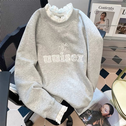 Gray lace-trimmed fake two-piece patchwork embroidered sweatshirt for women in spring and autumn, unique and beautiful lazy top
