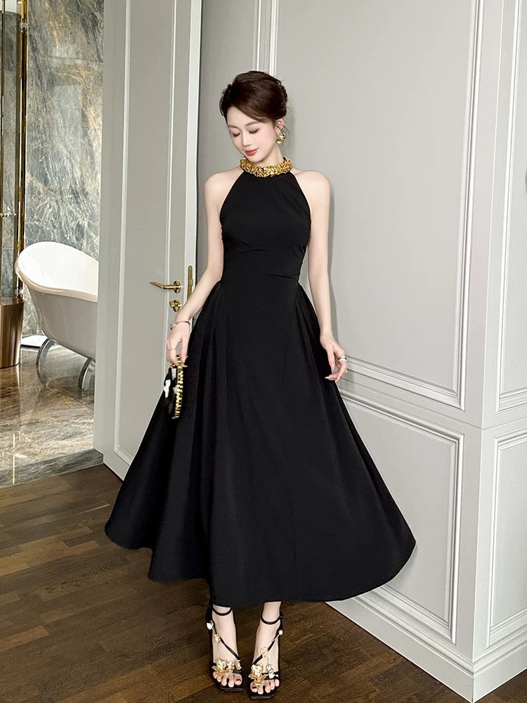 Black sexy halterneck dress, summer high-end slimming Hepburn style long dress, light luxury birthday party dress