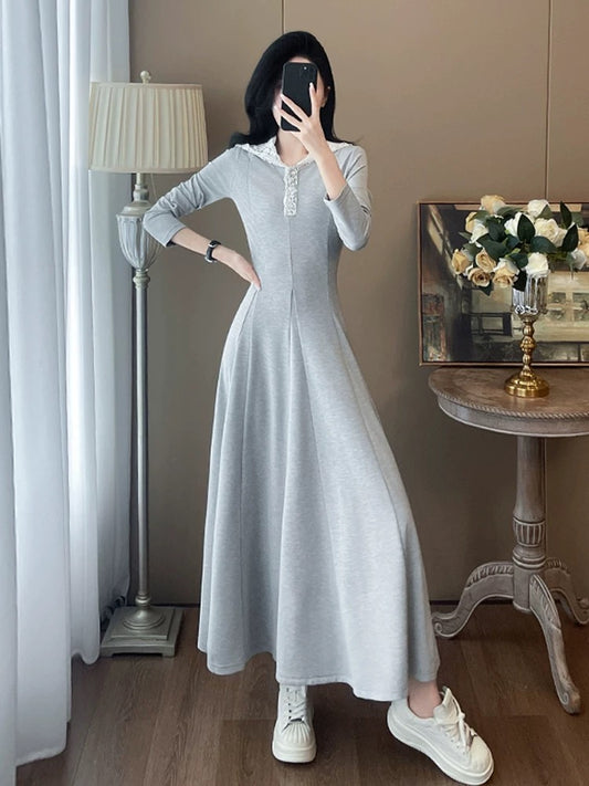 Gray French super good-looking hooded sweatshirt dress for women autumn 2024 new slim temperament and high-end long skirt