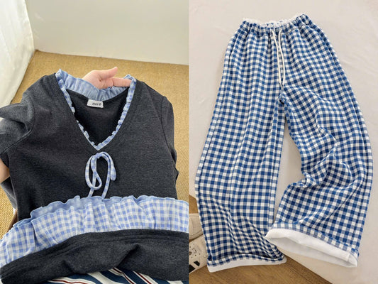 Great~ Can suit all kinds of leg shapes~ Blue and white plaid casual pants for women, loose straight pants, slim spring new style