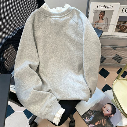 Gray lace-trimmed fake two-piece patchwork embroidered sweatshirt for women in spring and autumn, unique and beautiful lazy top