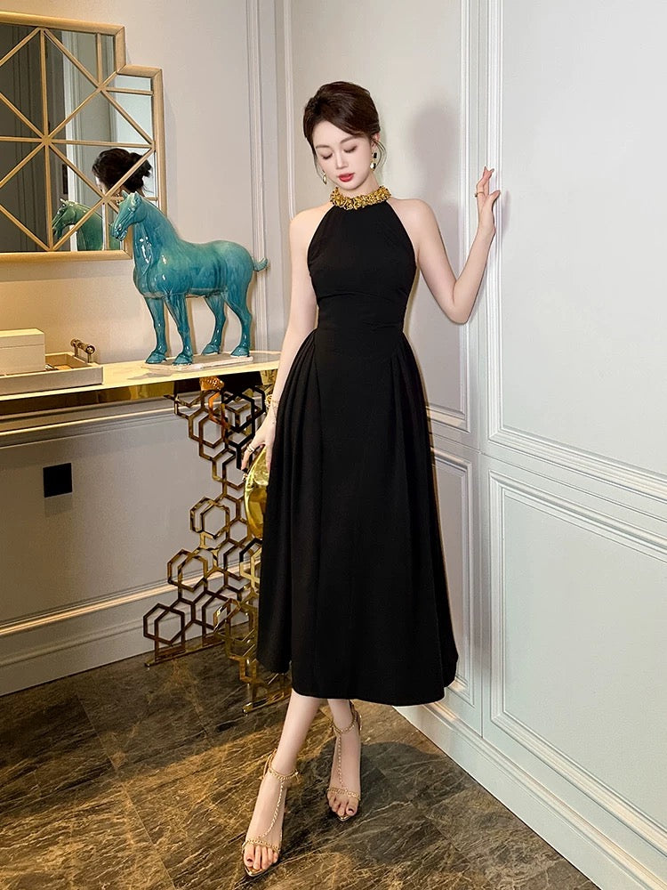 Black sexy halterneck dress, summer high-end slimming Hepburn style long dress, light luxury birthday party dress