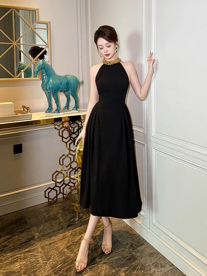 Black sexy halterneck dress, summer high-end slimming Hepburn style long dress, light luxury birthday party dress