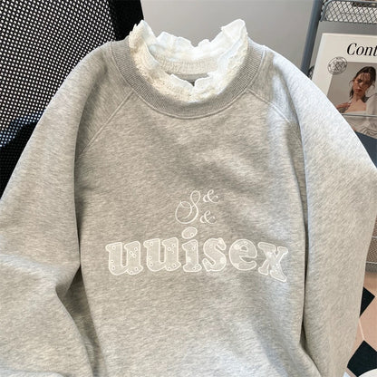 Gray lace-trimmed fake two-piece patchwork embroidered sweatshirt for women in spring and autumn, unique and beautiful lazy top