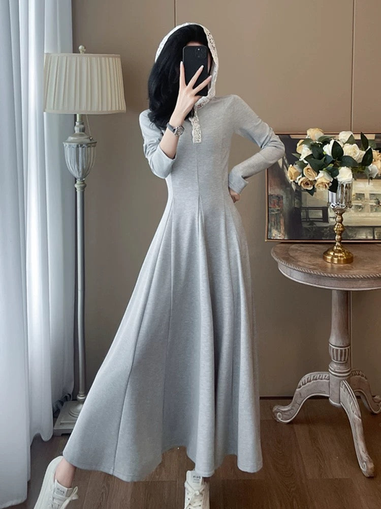 Gray French super good-looking hooded sweatshirt dress for women autumn 2024 new slim temperament and high-end long skirt
