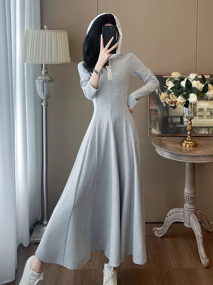Gray French super good-looking hooded sweatshirt dress for women autumn 2024 new slim temperament and high-end long skirt