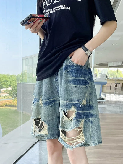 Hot girl ripped denim shorts shorts women 2025 summer thin high waist loose slim beggar wide leg mid-length pants