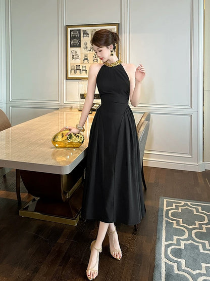 Black sexy halterneck dress, summer high-end slimming Hepburn style long dress, light luxury birthday party dress
