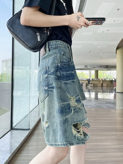 Hot girl ripped denim shorts shorts women 2025 summer thin high waist loose slim beggar wide leg mid-length pants
