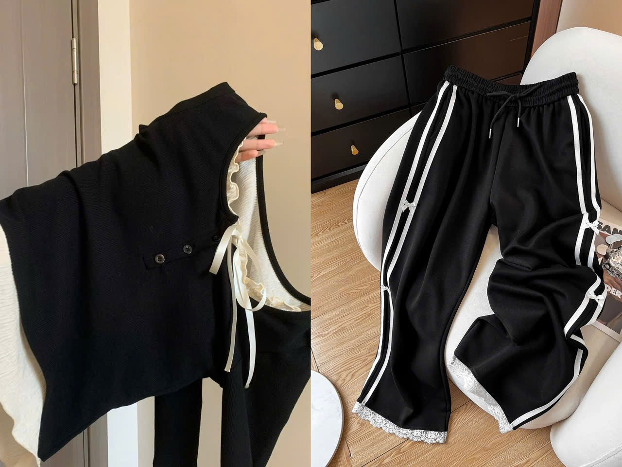 The upper body immediately makes the legs look straight! Black splicing contrast color casual pants for women new hot style straight floor-length pants ins